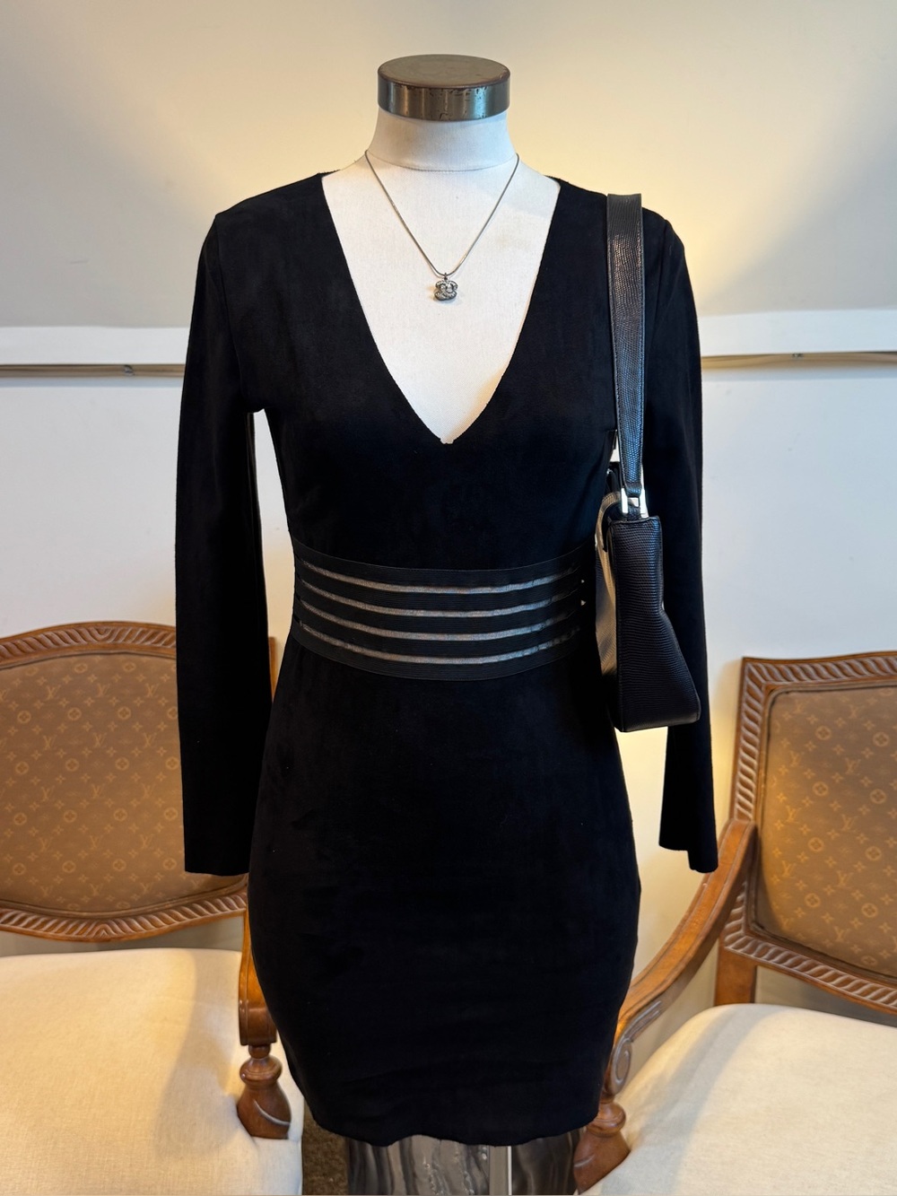 Black Faux Suede Deep-V Long Sleeve Bodycon Dress Mesh Panel Goth Made in Paris